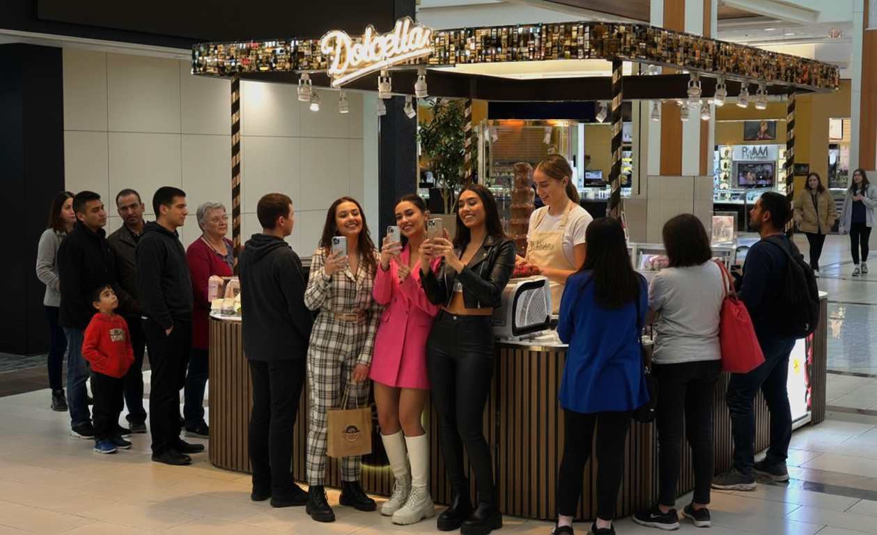 Guests gathered around a Dolcella chocolate kiosk
